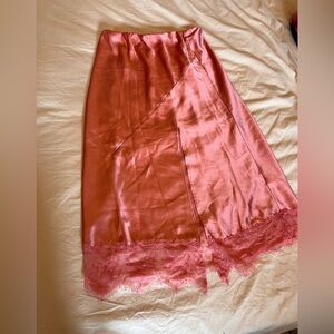 Anthropologie Pink Satin Skirt with lace trim